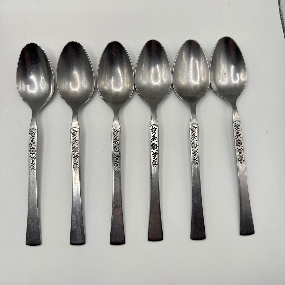 EKCO Eterna Cantina Stainless Steel‎ Teaspoons Set of 6 Floral Korea Vintage